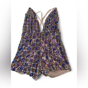 Forever 21 Sequin Checkered Romper in Purple, Blue & Gold